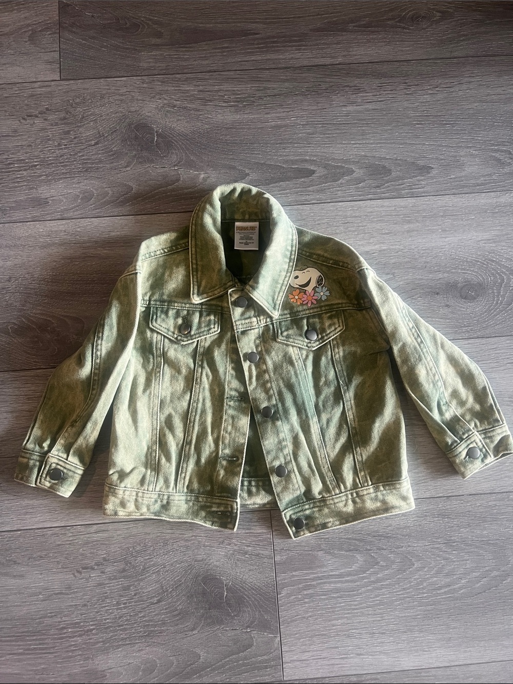 Peanuts Olive Green Denim Jacket with Snoopy Floral Patch